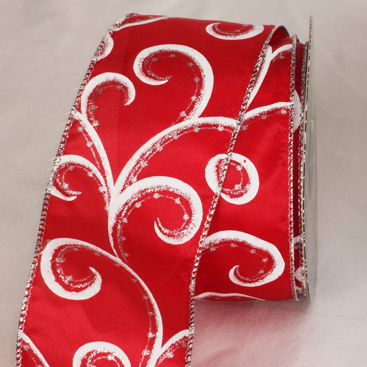The Ribbon People Glitter Red and White Swirly Wired Craft Ribbon 2.5" x 40 Yards